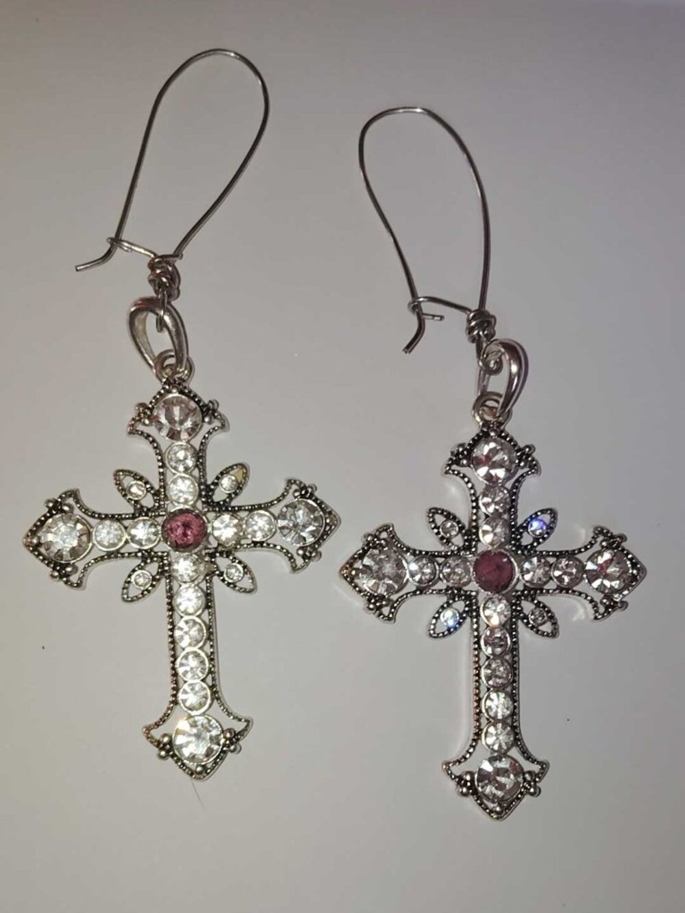 Upcycled Cross Earrings Silver tone with diamond like and purple rhinestones